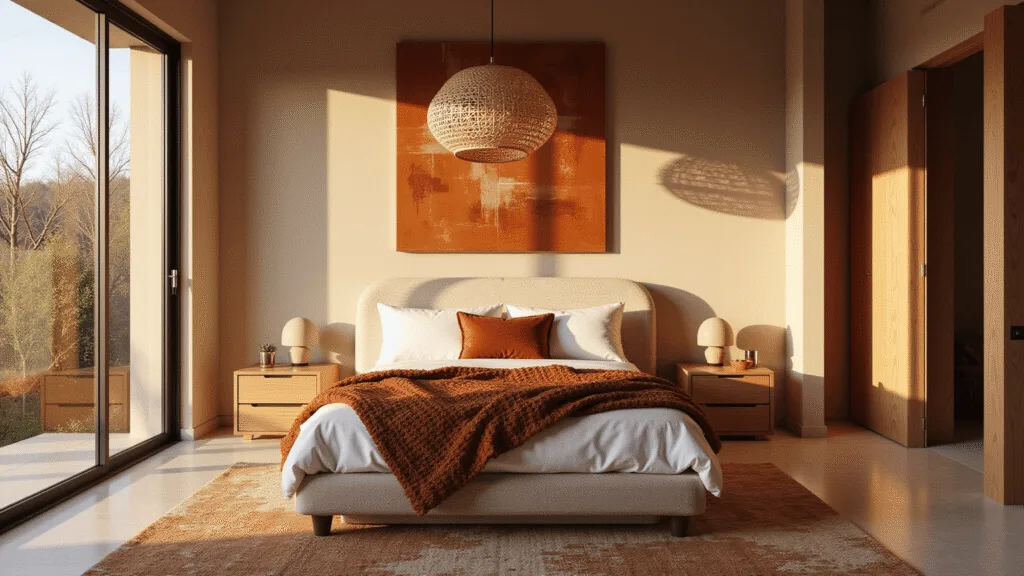 A photorealistic contemporary bedroom bathed in golden hour sunlight, featuring a low-profile platform bed with an ivory bouclé headboard, terracotta throws, bleached oak nightstands with ceramic lamps, and a vintage overdyed rug, all creating a serene and luxurious atmosphere.