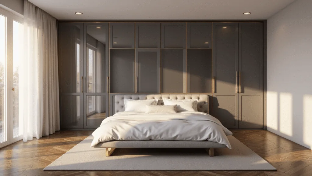 A luxurious master bedroom with floor-to-ceiling built-in wardrobes featuring smoke-gray glass panels and brass hardware, showcasing golden hour sunlight through sheer white curtains, illuminating a king-size platform bed with white linens and a tufted headboard on a herringbone hardwood floor, shot from a low angle to emphasize height and sophistication.