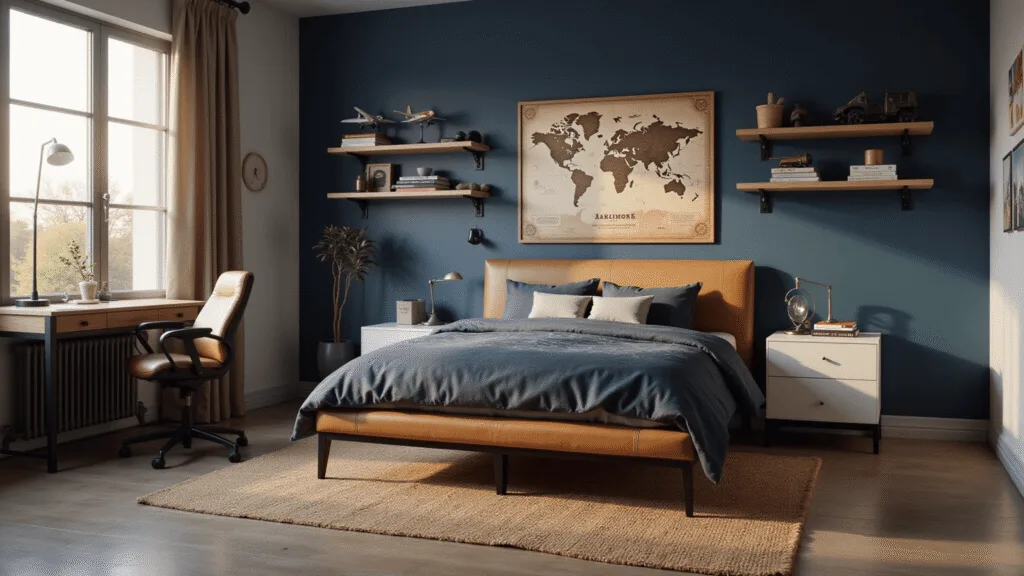 A sophisticated boys' bedroom featuring a navy blue accent wall with a vintage world map mural, a queen-size platform bed with a tan leather headboard and layered navy/gray bedding, an industrial-style black metal desk, natural wood floating shelves with adventure gear, and a jute rug, all illuminated by warm morning light.