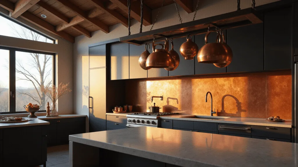 Hyperrealistic architectural photography of a luxurious modern industrial kitchen with a brushed copper backsplash, featuring vaulted ceilings, matte black cabinets, and polished concrete countertops, all illuminated by warm golden hour sunlight through large windows.