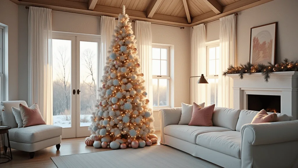 A luxurious modern farmhouse living room at golden hour, featuring a flocked Christmas tree with pastel decorations, white sofa with blush pillows, and an asymmetrical garland on the mantle, all captured in exquisite detail and warm lighting.