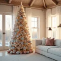 A luxurious modern farmhouse living room at golden hour, featuring a flocked Christmas tree with pastel decorations, white sofa with blush pillows, and an asymmetrical garland on the mantle, all captured in exquisite detail and warm lighting.