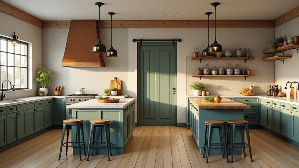 Photorealistic interior of a modern farmhouse kitchen featuring forest green cabinets, sage-painted island with butcher block top, wide plank oak floors, and warm golden hour lighting.