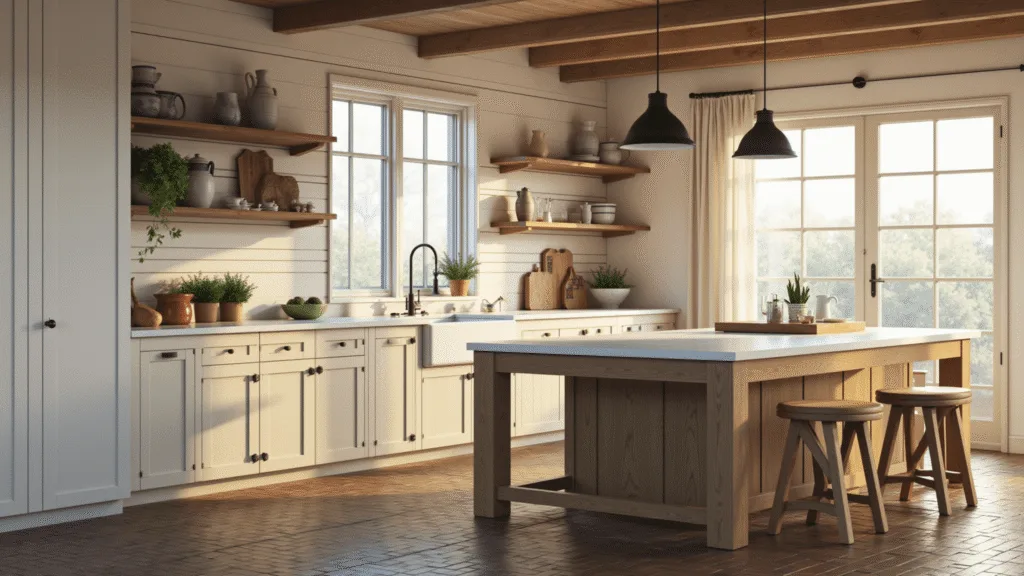 Photorealistic interior of a spacious farmhouse kitchen illuminated by golden hour sunlight, featuring cream shaker cabinets, weathered oak island with a marble countertop, white apron-front sink, open shelving with vintage pottery, and industrial pendant lights, adorned with natural textures like exposed wooden beams and herringbone brick flooring.