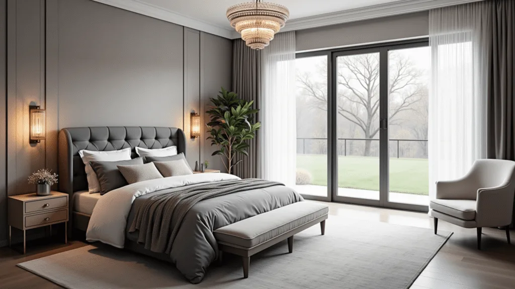 Cinematic photograph of a luxurious modern gray bedroom featuring a king-size platform bed with a tufted velvet headboard, layered linens, ambient brass sconces, ivory boucle chairs, and a geometric wool rug, captured in soft morning light with a crystal chandelier and minimalist nightstands.