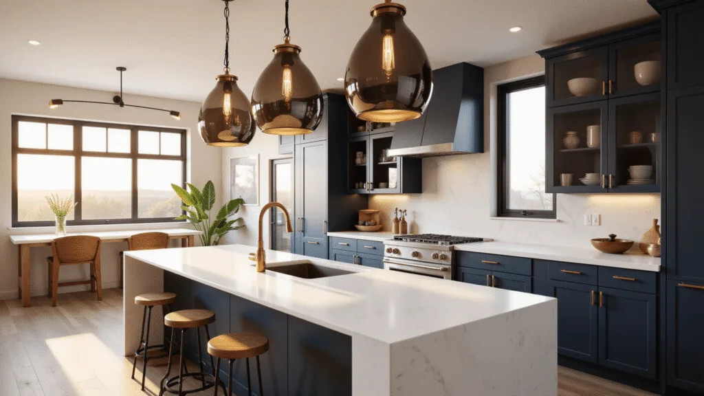 Photorealistic image of a luxurious modern kitchen featuring brass and smoked glass pendant lights, a quartz waterfall island, navy cabinets with walnut accents, and floor-to-ceiling windows, illuminated by golden morning light.