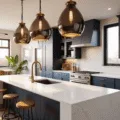 Photorealistic image of a luxurious modern kitchen featuring brass and smoked glass pendant lights, a quartz waterfall island, navy cabinets with walnut accents, and floor-to-ceiling windows, illuminated by golden morning light.
