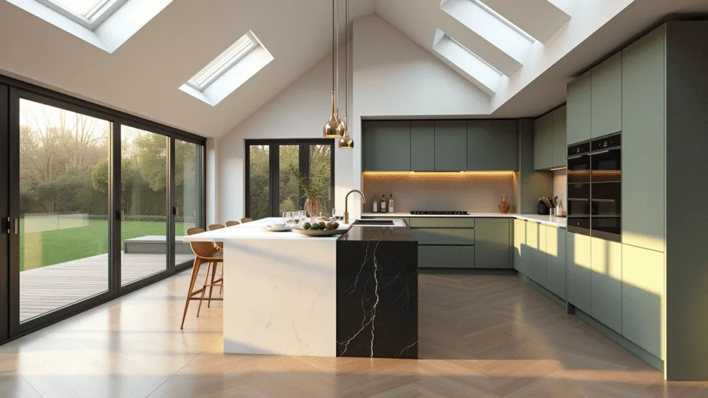 Photorealistic image of a modern luxury kitchen extension with natural light, featuring floor-to-ceiling windows, a vaulted ceiling, quartz countertops, a matte black island, sage green cabinets, herringbone oak flooring, and bifold doors leading to a garden terrace, all captured in golden hour lighting.