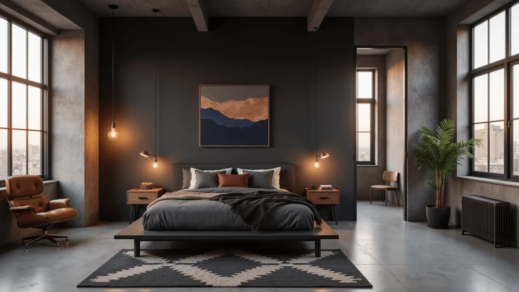 A sophisticated bachelor bedroom with a low-profile black platform bed, dark charcoal accent wall, and warm golden hour lighting; featuring mid-century walnut nightstands, industrial pendant lights, a cognac leather Eames lounge chair, and layered textures including a geometric gray wool rug and charcoal linen bedding.