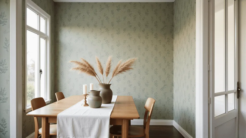 A photorealistic image of a sunlit dining room featuring a sage green botanical wallpaper, a vintage oak dining table with a white linen runner, polished brass candlesticks, and artisanal ceramic vases with pampas grass, captured from the doorway perspective during golden hour.