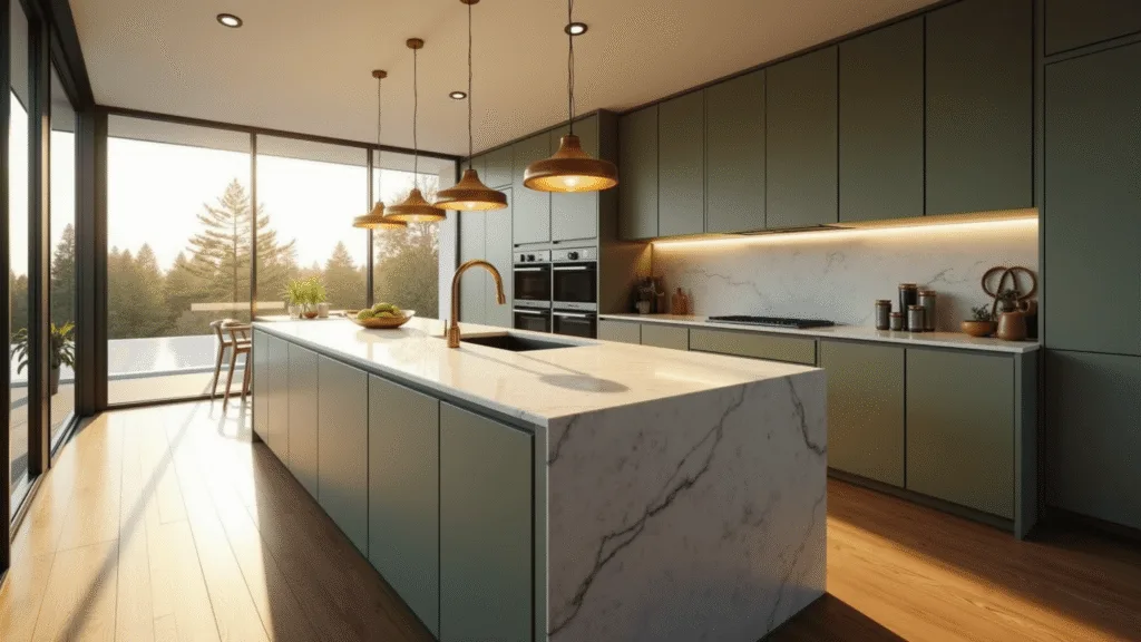 A luxurious modern kitchen with sage-green cabinets and a white quartzite island, bathed in golden hour light streaming through large windows, featuring warm walnut flooring and brushed brass pendant lights.
