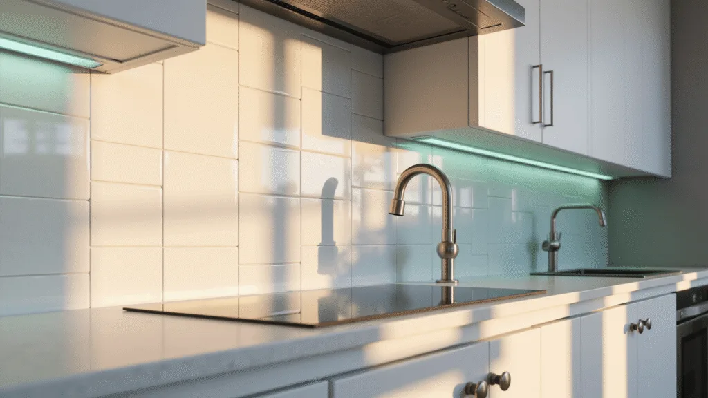 A contemporary kitchen featuring pearl white subway tiles, mirror-finish glass accents, minimalist shaker cabinets, and a waterfall quartz countertop, captured in golden hour lighting with a focus on vertical lines and textures.