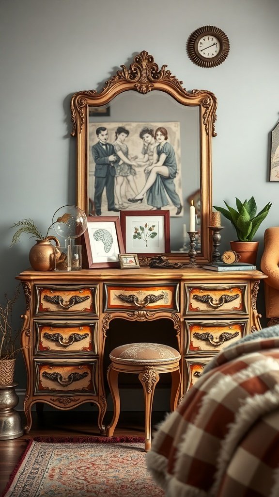 A vintage-style vanity with an ornate mirror, framed art, and decorative items.