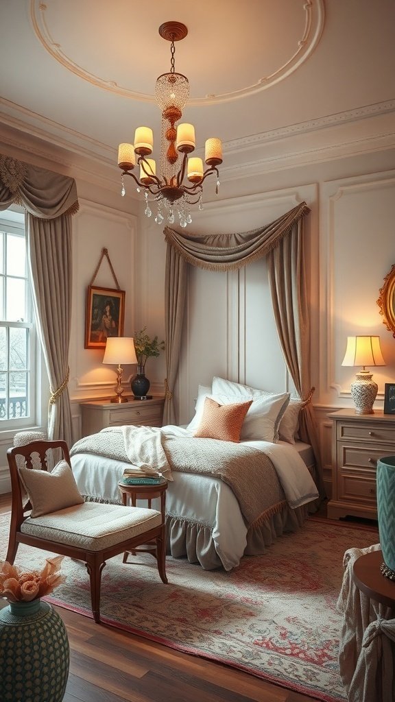 A classy bedroom featuring elegant decor, soft lighting, and inviting furnishings.