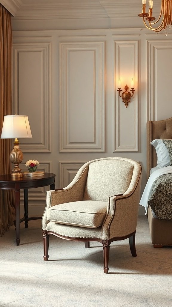 A classy bedroom featuring a beige accent chair, a bedside table with a lamp, and elegant wall decor.