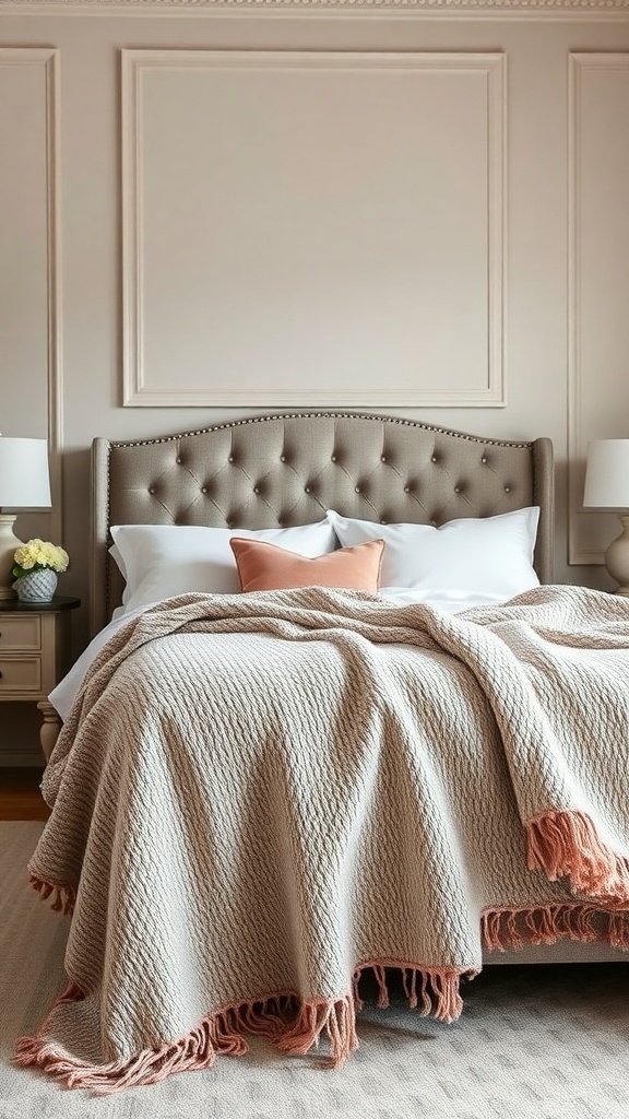 A classy bedroom featuring a soft throw on the bed, enhancing the cozy and stylish atmosphere.