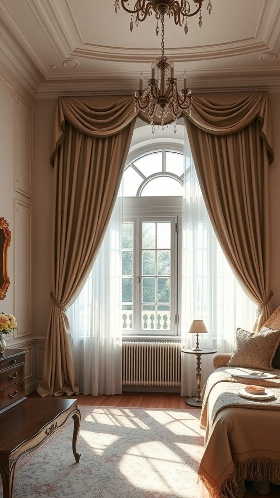 A classy bedroom with elegant window treatments and soft lighting.