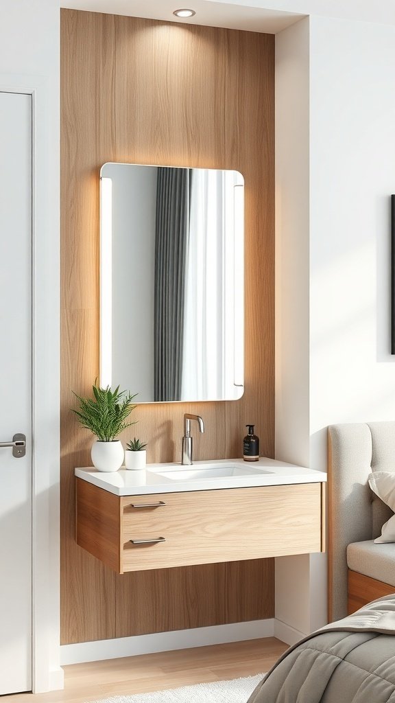 A modern wall-mounted vanity with a wooden finish, white countertop, and a large mirror, accompanied by a small plant.