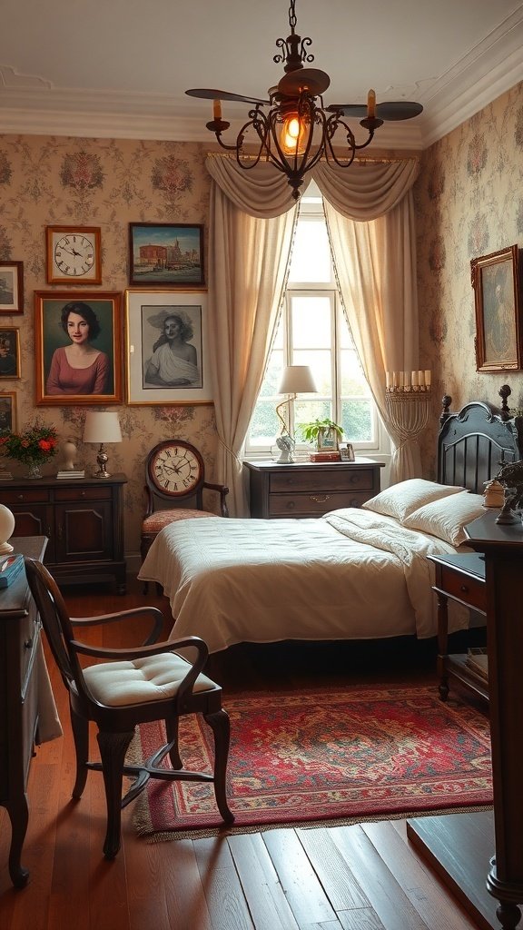 A classy bedroom featuring vintage furniture, artwork, and warm lighting.