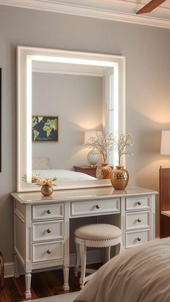 A stylish white vanity with a large illuminated mirror, decorated with vases and flowers.