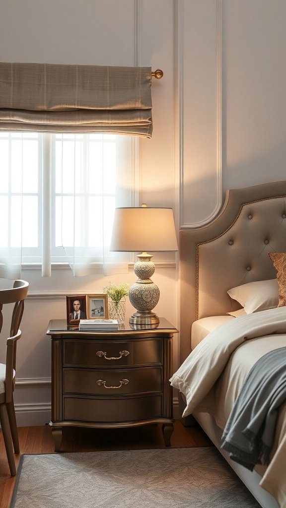 Stylish bedside table with lamp, photo frame, and a vase in a classy bedroom setting.