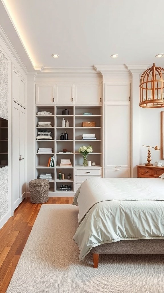 A classy bedroom featuring built-in storage solutions with shelves and cabinets.
