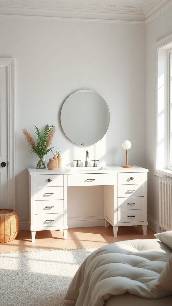 A minimalist Scandinavian vanity with a round mirror, plants, and warm wood accents in a bright bedroom.
