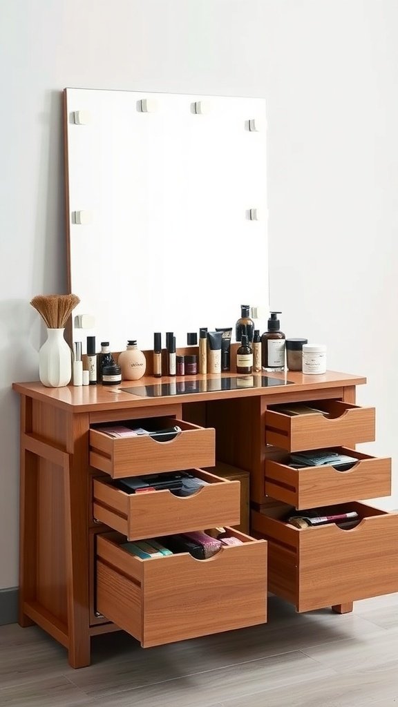 A wooden vanity with a mirror and multiple storage drawers, showcasing beauty products.