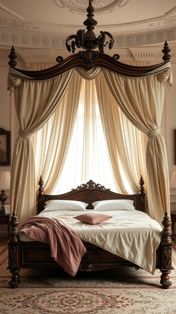 A beautifully designed canopy bed with drapes in a classy bedroom setting.
