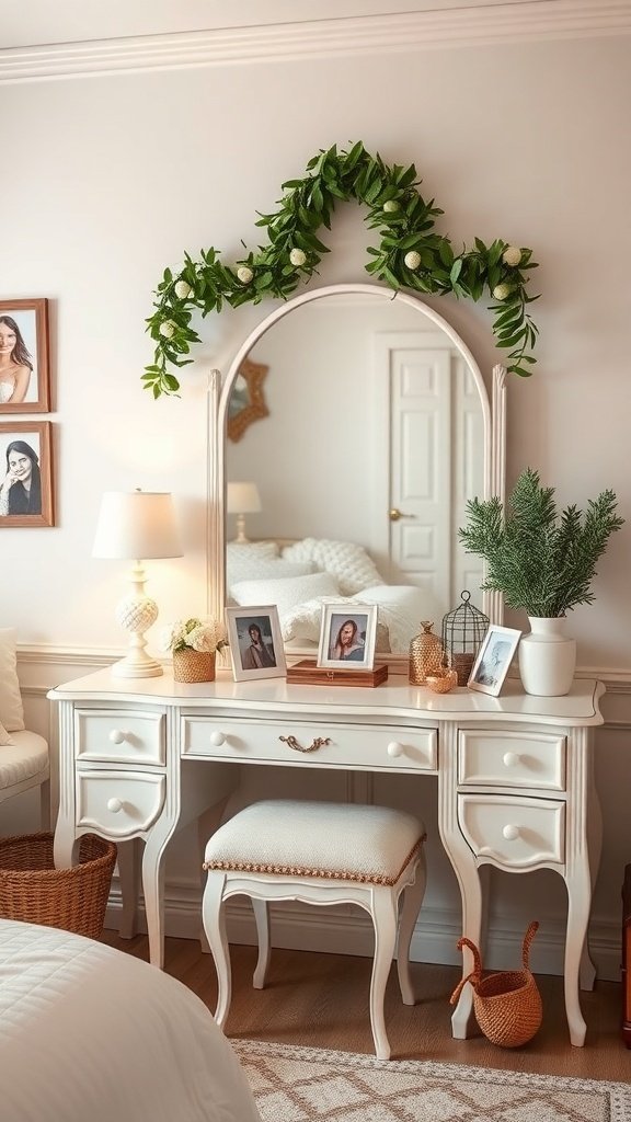 A beautifully styled vanity with a mirror, greenery, and personal photos.