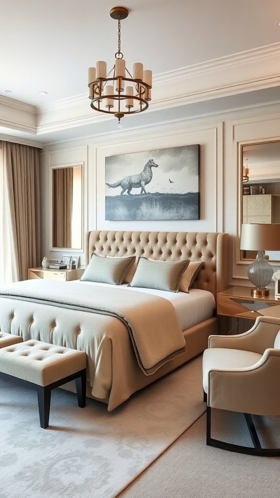 A classy bedroom featuring a plush tufted bed, elegant nightstand, and stylish armchair.