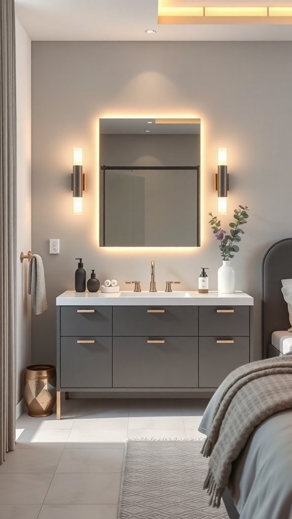 A sleek modern vanity in a stylish bedroom with a mirror and warm lighting.
