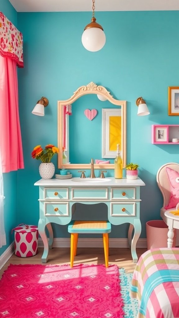 A colorful painted vanity in a bright bedroom with turquoise walls and pink accents.