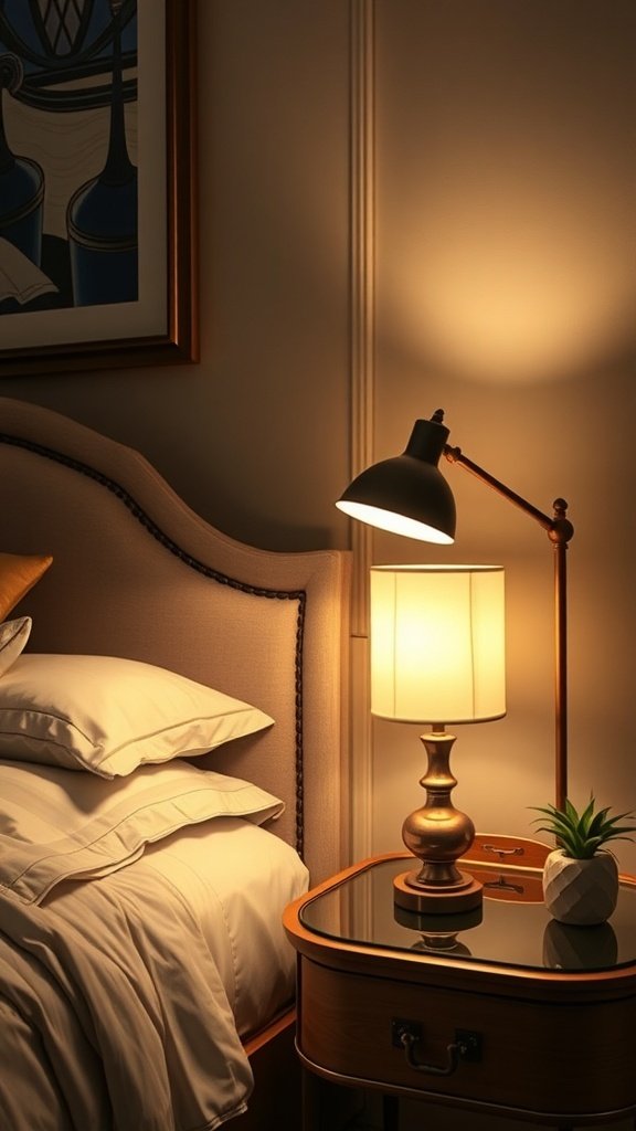A stylish bedside setup featuring a lamp, a small plant, and neatly arranged pillows.