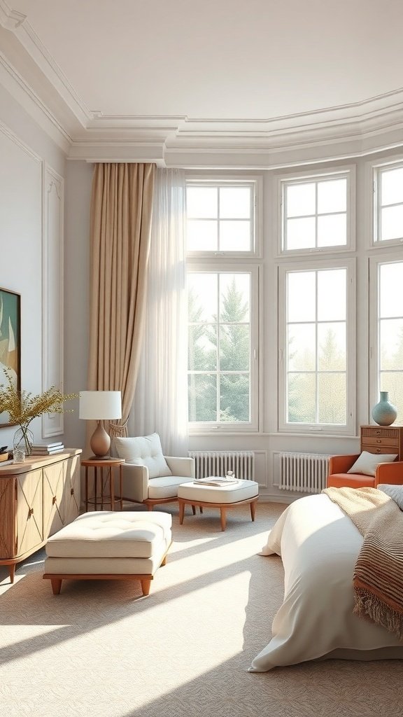 A bright and classy bedroom featuring large windows, soft curtains, and elegant furniture.