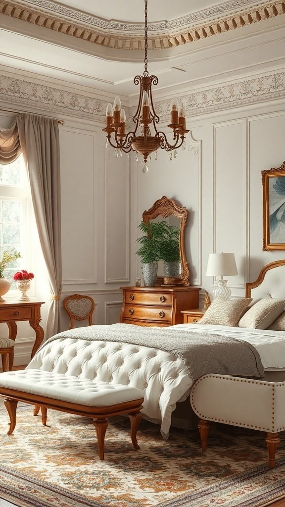 A classy bedroom featuring elegant furniture, a chandelier, and soft color tones.