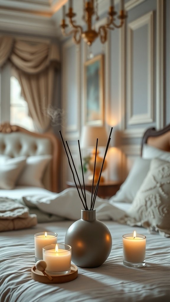 A classy bedroom with candles and a diffuser, creating a serene atmosphere.