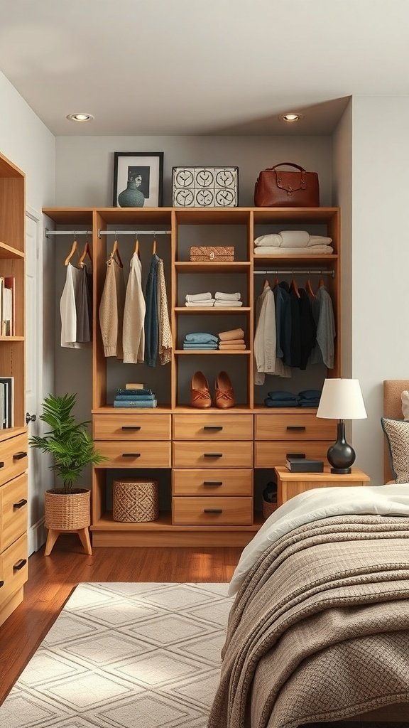 A well-organized closet space in a classy bedroom with wooden shelves, neatly hung clothes, and decorative items.