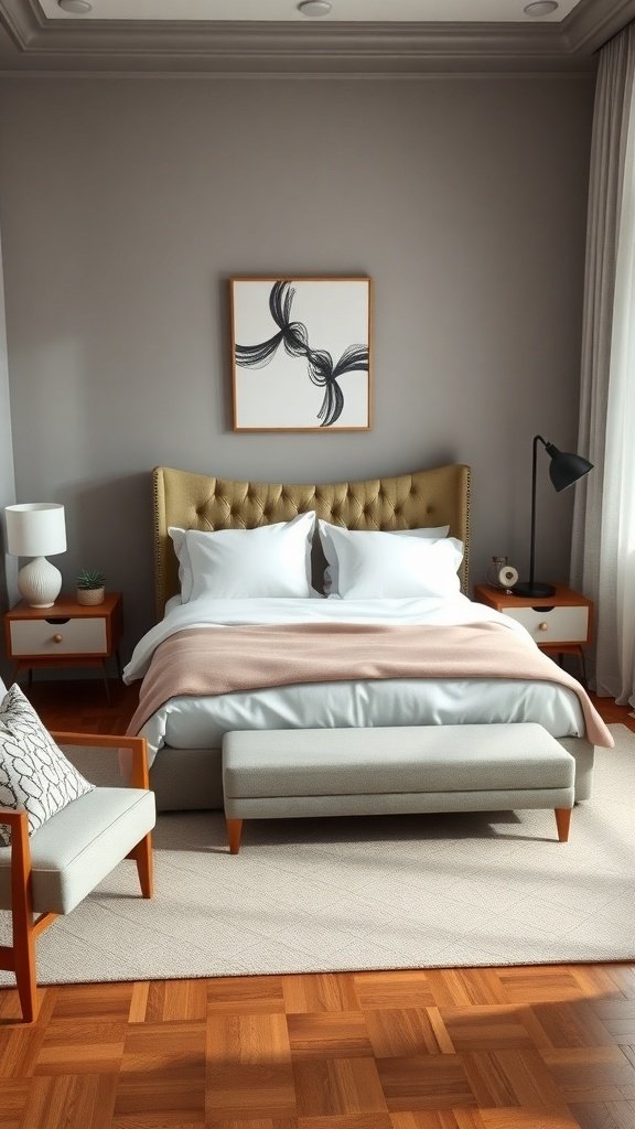 Stylish bedroom with a tufted headboard, soft bedding, and modern furniture arrangements.