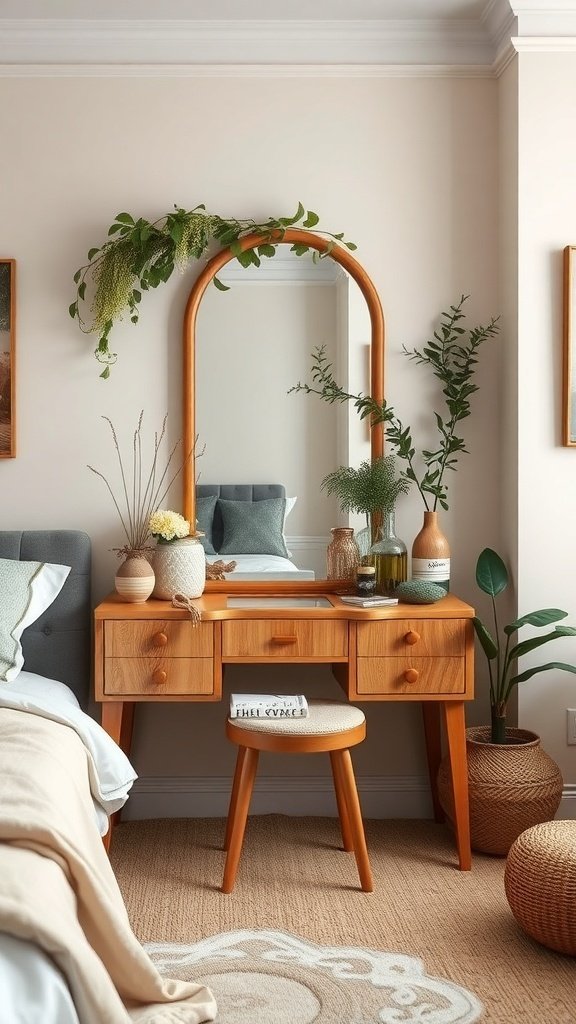 A wooden vanity with a mirror and plants, creating a natural-inspired bedroom space.