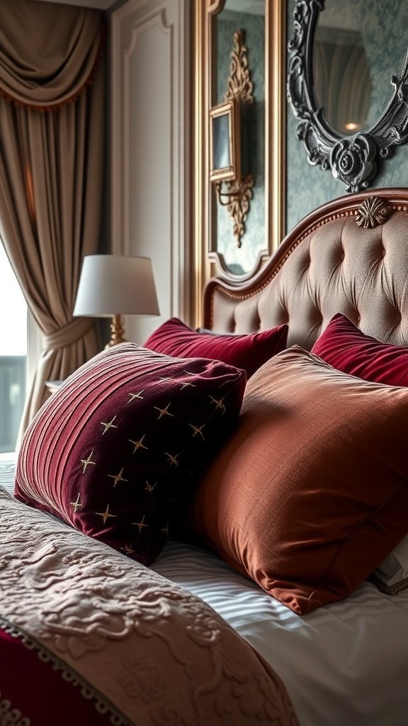 A classy bedroom featuring a beautifully made bed with plush pillows in rich colors, intricate bedding patterns, and elegant curtains.