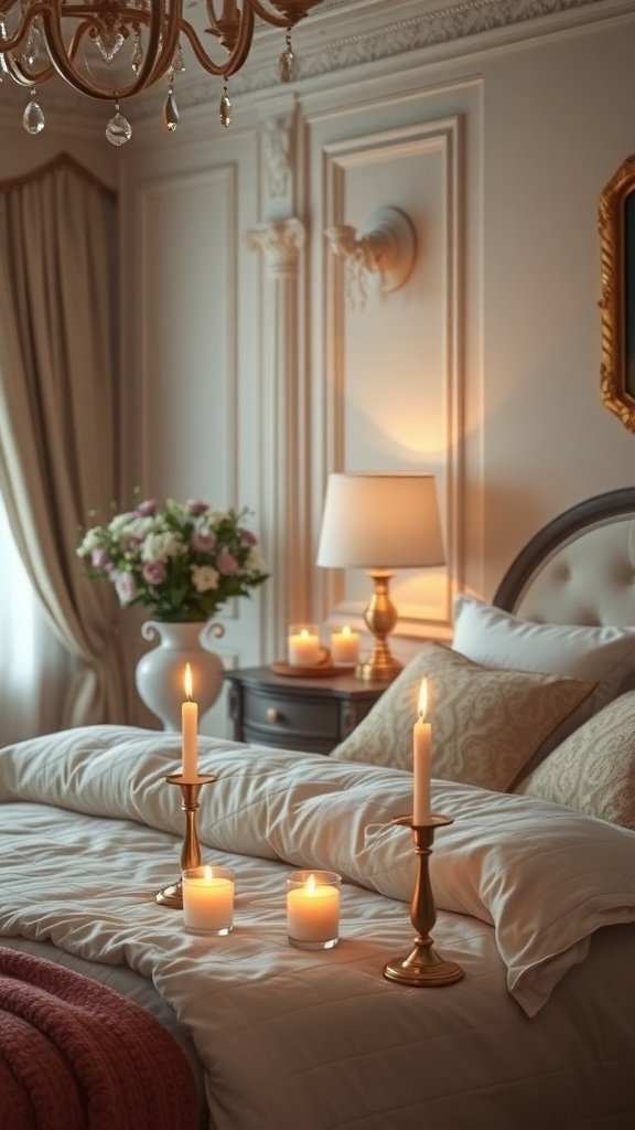 A classy bedroom with candles on the bed and bedside table, featuring soft lighting and elegant decor.