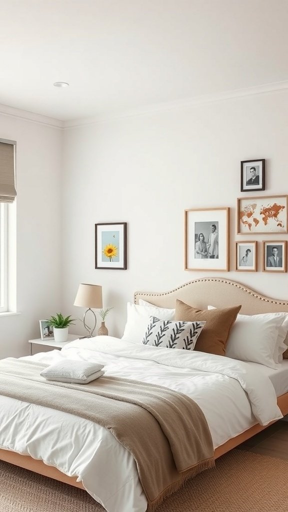 A classy bedroom featuring a neatly made bed, decorative pillows, framed artwork on the walls, and a small plant on the nightstand.