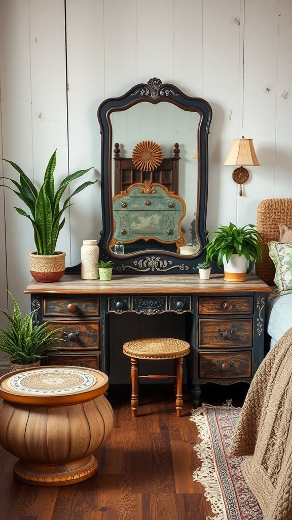 A vintage-style vanity with a large mirror, plants, and a cozy atmosphere.