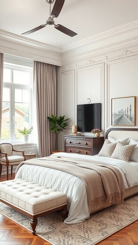 A classy bedroom featuring a cozy bed, elegant furniture, and natural light.