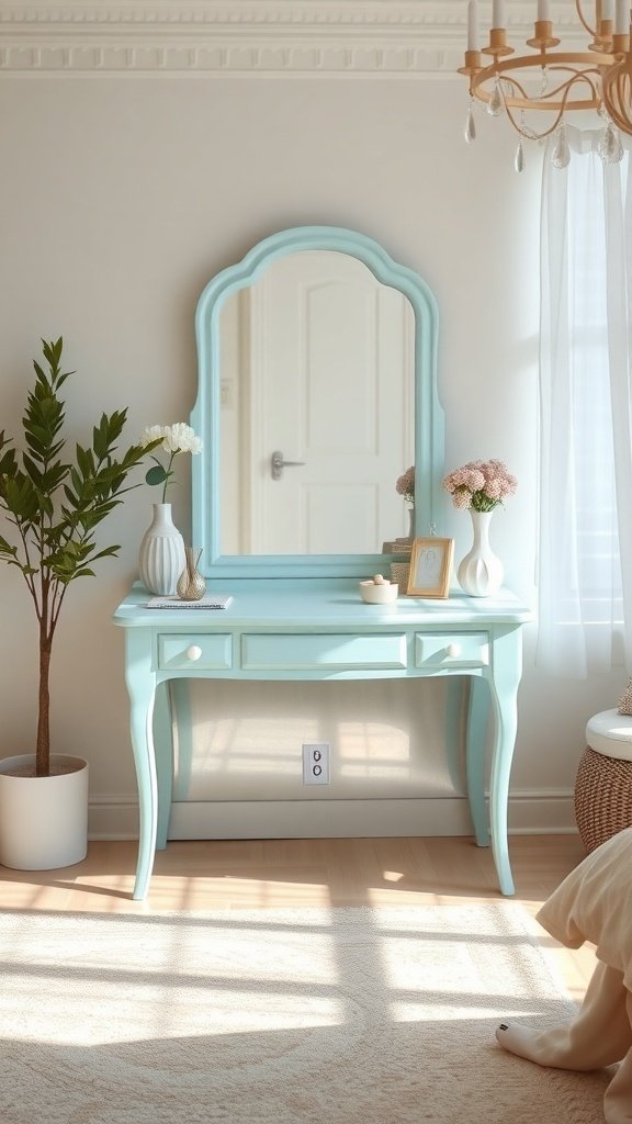 A pastel blue vanity with a mirror, surrounded by plants and decorative items, in a bright bedroom.
