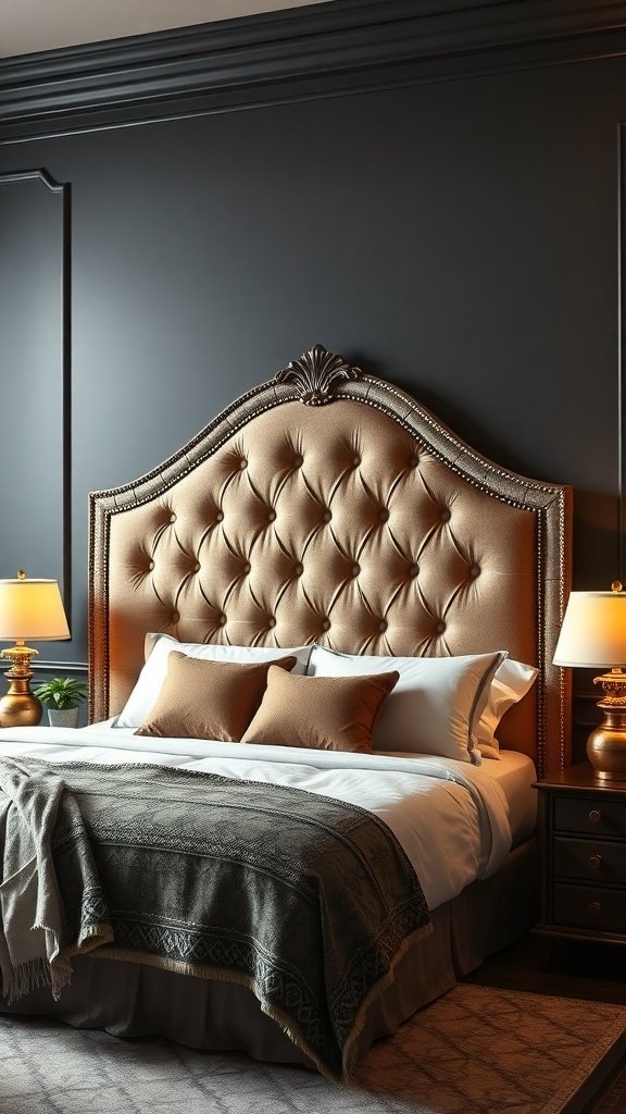 Classy bedroom featuring a tufted headboard, elegant bedding, and stylish lamps.