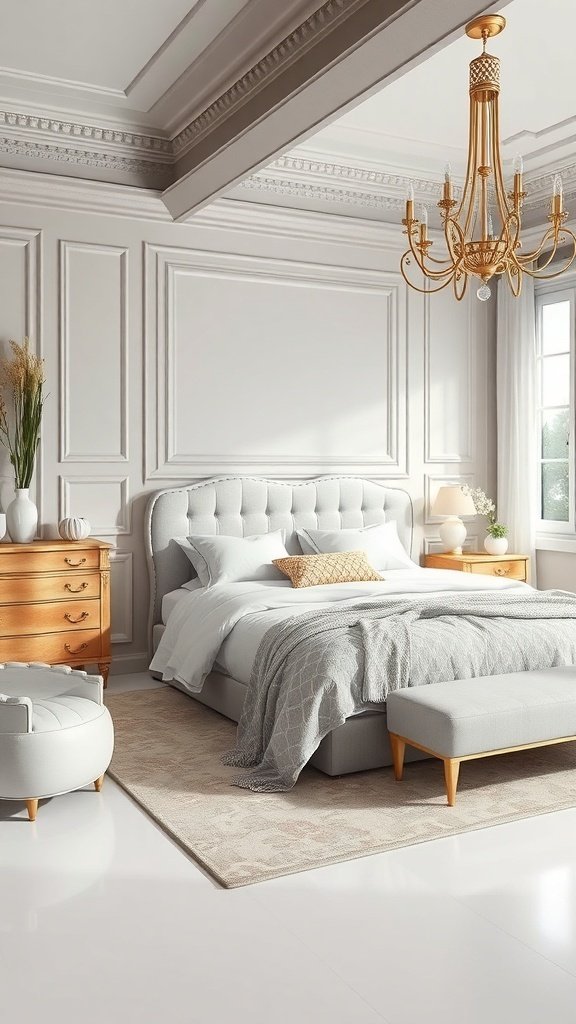A classy bedroom featuring light gray bedding, warm wood furniture, and a gold chandelier.