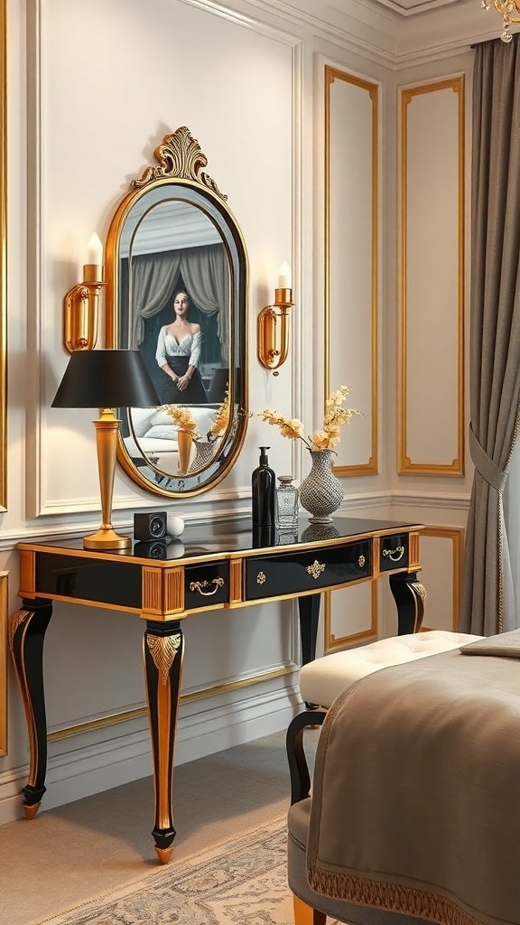 A sophisticated black and gold vanity with a mirror, lamp, and decorative items in a stylish bedroom.