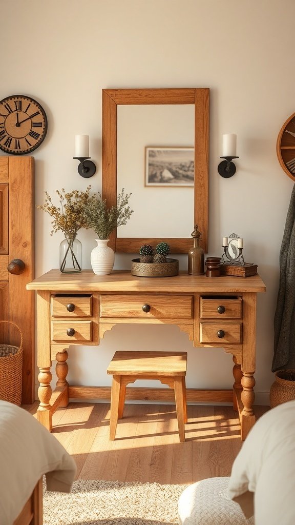 A rustic wooden vanity with a mirror, surrounded by decorative items and soft lighting.